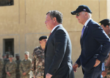 ZARQA, JORDAN - MARCH 10: U.S Vice President Joe Biden (R) visits with Jordan's King Abdullah (L) at a joint Jordanian-American training center on March 10, 2016 in Zarqa northeast of Amman, Jordan. This is the final stop on Biden's Middle East tour that also took in Israel and the Palestinian territories. (Photo by Jordan Pix/Getty Images)
