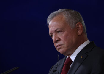 BERLIN, GERMANY - OCTOBER 17: Jordanian King Abdullah II and German Chancellor Olaf Scholz (not pictured) speak to the media following talks at the Chancellery on October 17, 2023 in Berlin, Germany. The two leaders are meeting shortly before Scholz's departure for Israel and Egypt. Israel is seemingly on the verge of invading Gaza following the harrowing attacks by Hamas fighters in Israel that left over 1,300 people dead. (Photo by Sean Gallup/Getty Images)